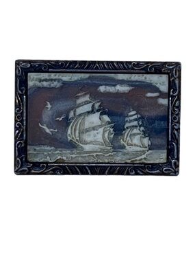 Vintage Incolay Belt Buckle Carved Stone Ship Nautical Coastal 1970s Brass